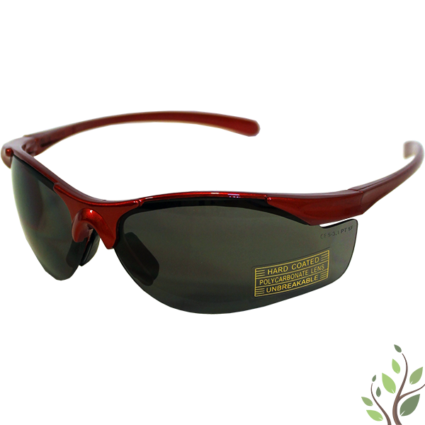 Munkavédelmi szemüveg, szürke polarizált lencsével, piros kerettel